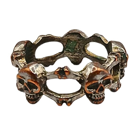 Silver Plated Gold Skull & Crossbones Band Ring 6.75 Unisex Rustic Gothic Biker - Picture 5 of 7